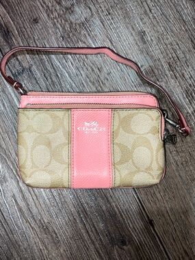 Coach Signature Canvas Wristlet with Pink Trim